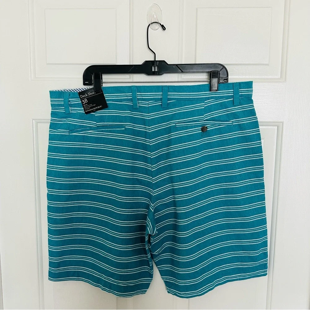Banana Republic Men 38 Teal‎ White Stripe Deck Shorts Preppy Coastal Resortwear